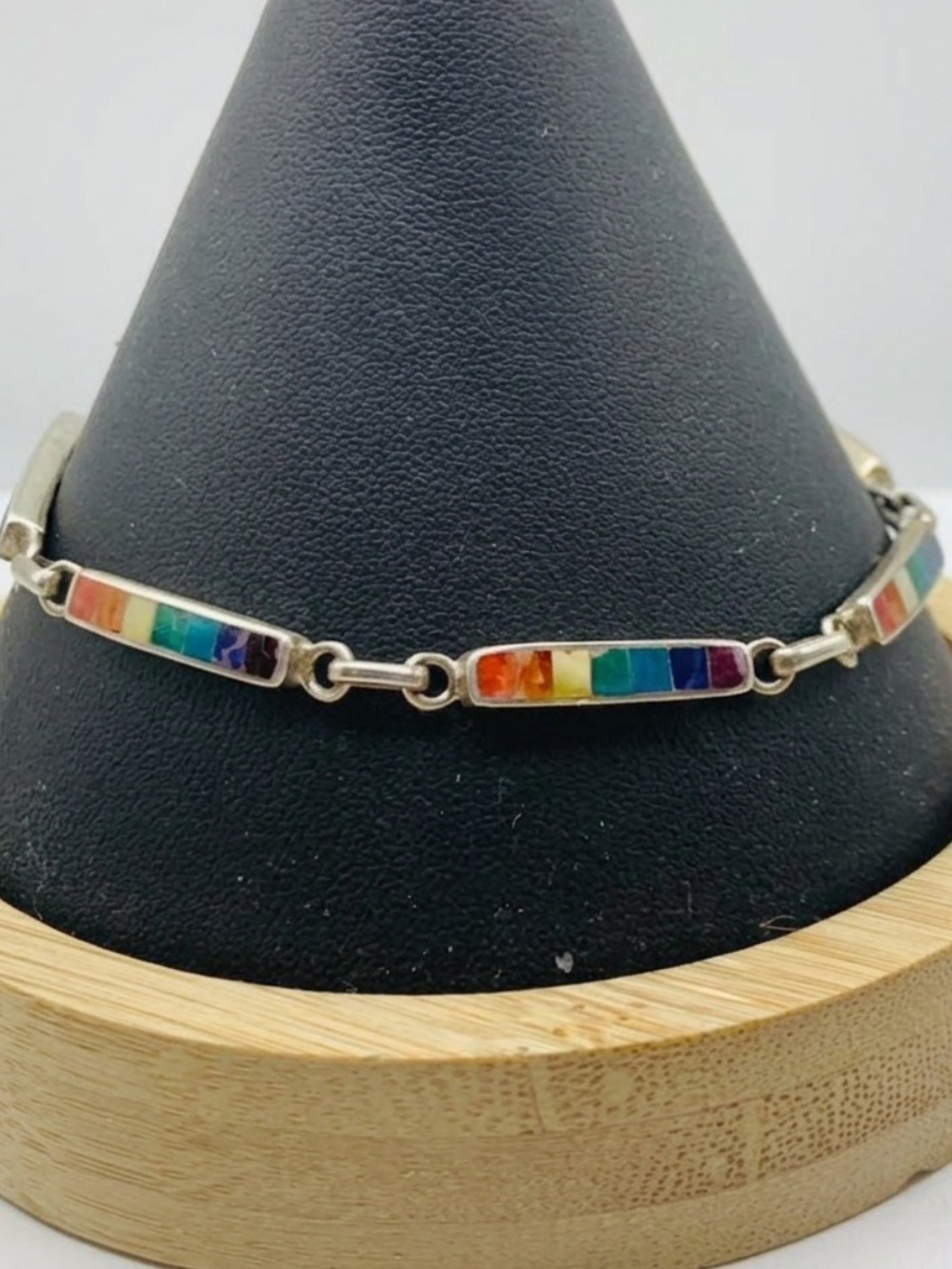 🌈Vintage Rainbow 950/925 Silver Multi-Gemstone Inlay Bar Link Bracelet 8"